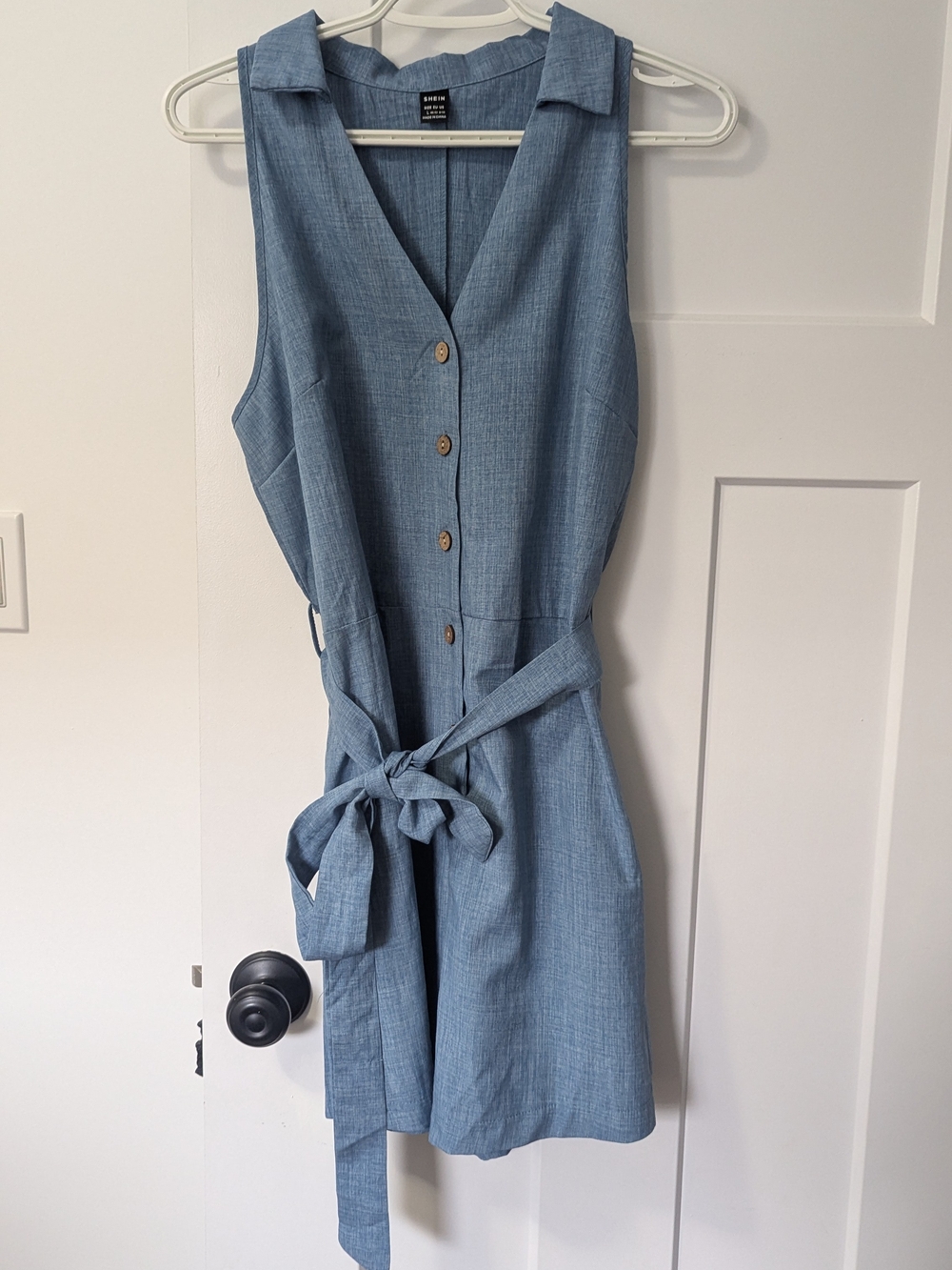 FSHEIN Light Blue Sleeveless Faux Denim Button Romper with Tie Waist